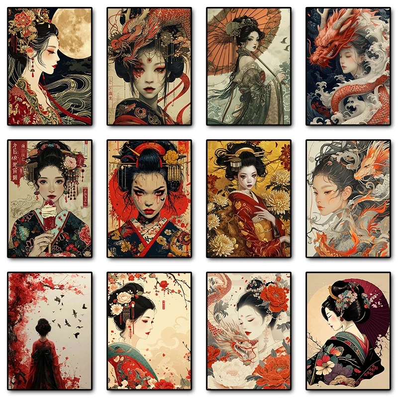 Vintage Japanese Geisha Girls Kimono Woman Posters and Prints Canvas Painting Wall Art Picture for Living Room Home Decoration