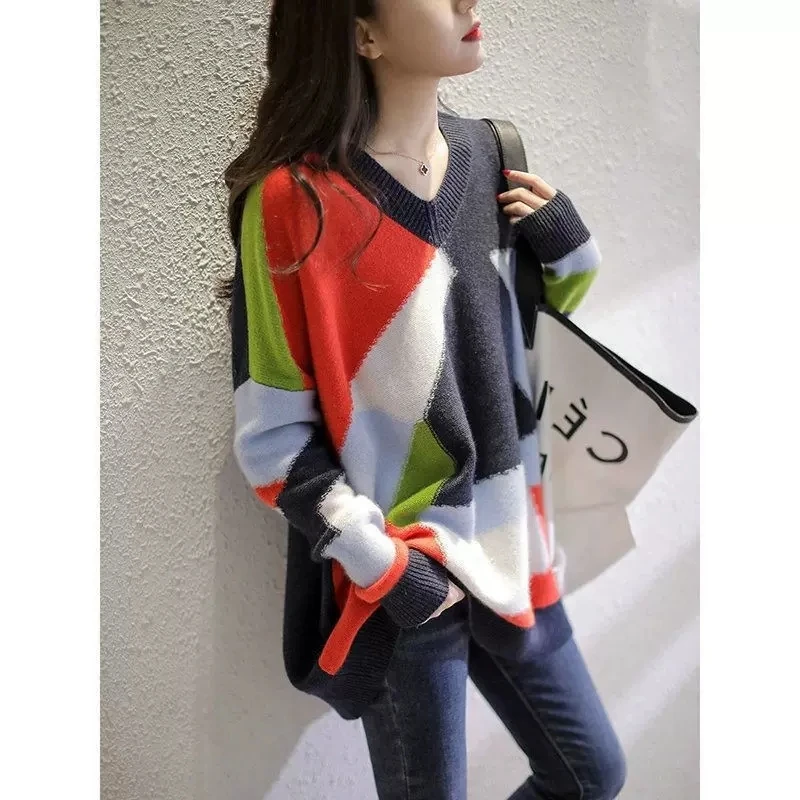 2023 New V-neck rainbow color contrast Sweater Women's Clothing Loose Knitted pullover Sweaters  Girls Tops jp877