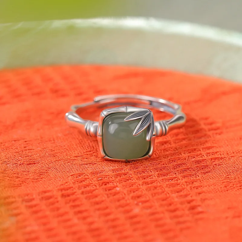 Natural Hetian S925 Sterling Silver Green Jade Joint and Leaf Square New Style Ring