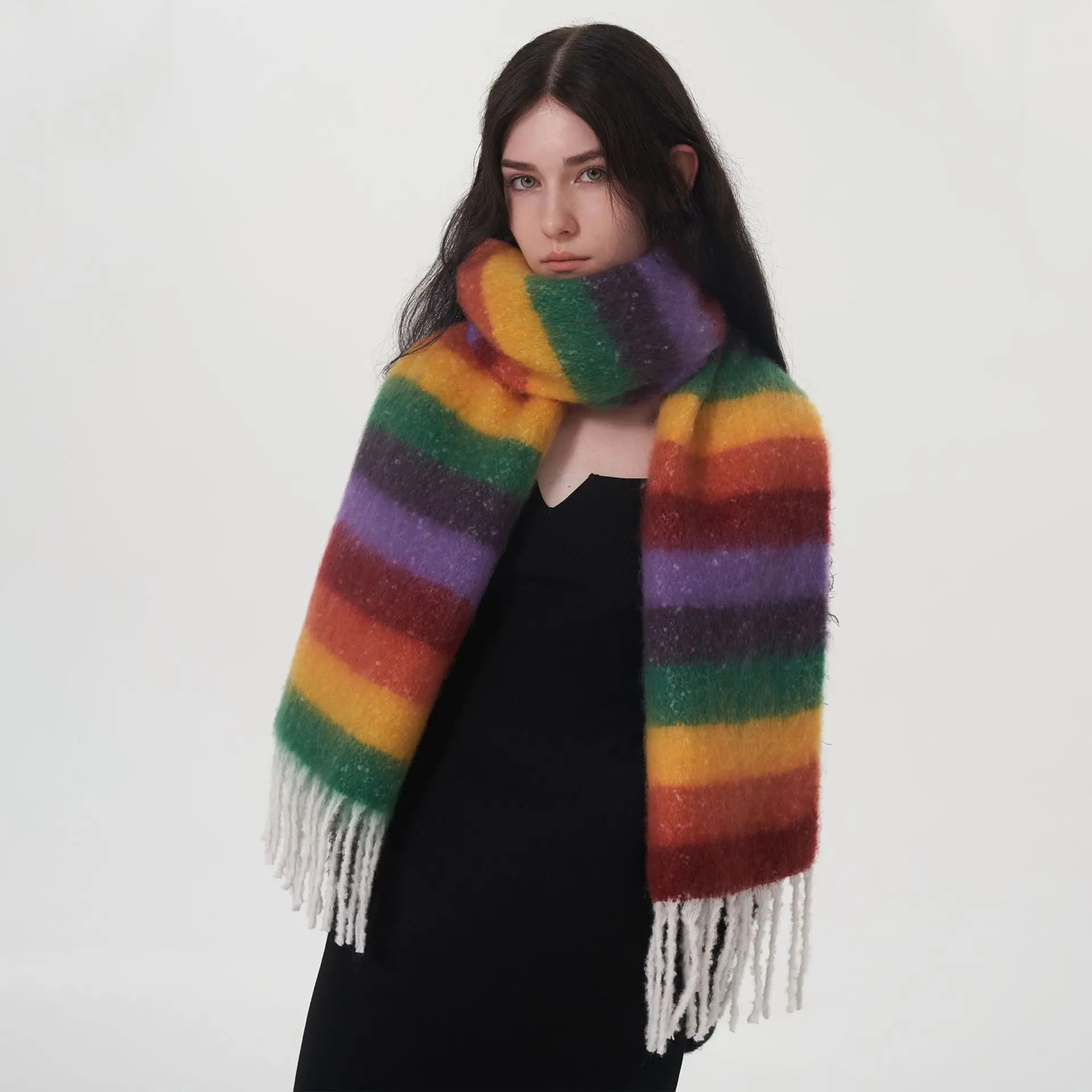 Novelty Rainbow Striped Long Shawl Wrap Women Cashmere Scarf  Winter Thick Warm Female Bandana Pashmina Tassel Travel Blanket