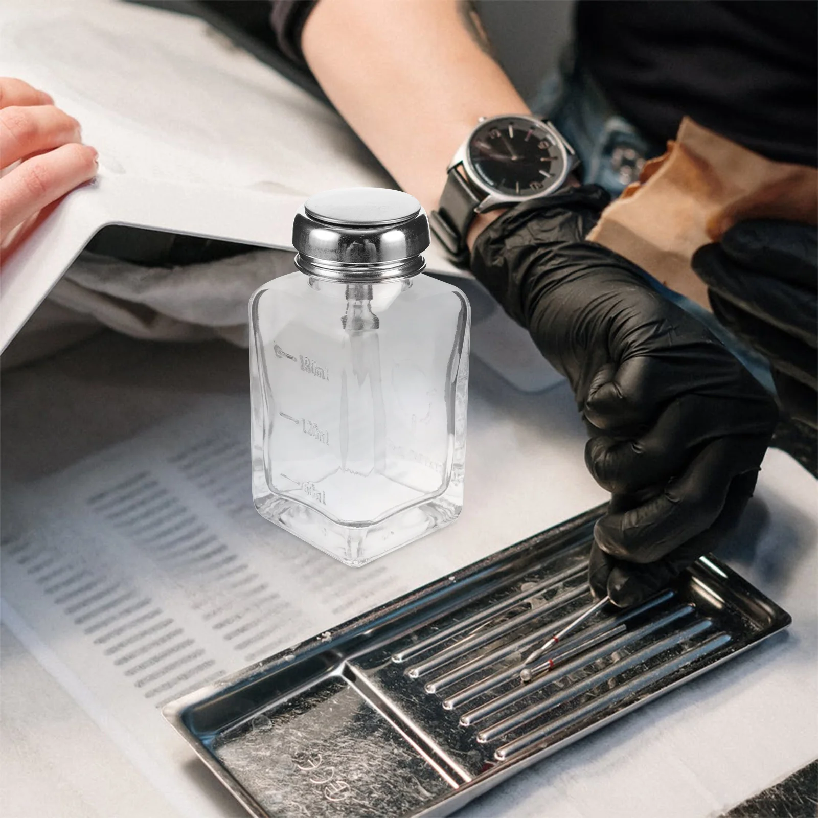 زجاجة مضخة زجاجية شفافة حاوية شفافة لإزالة طلاء الأظافر زجاجة موزع زجاجية فارغة لزجاجات المضخة الفارغة السائلة