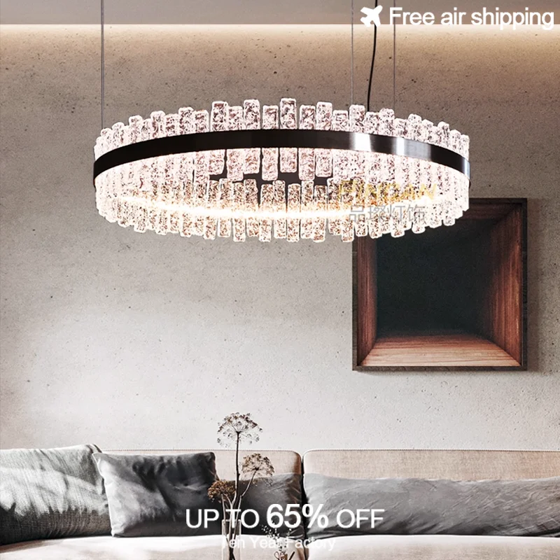 ثريا حديثة فاخرة من الفولاذ المقاوم للصدأ من الزجاج البلوري الشفاف مع إضاءة LED معلقة لتركيبات غرفة الطعام