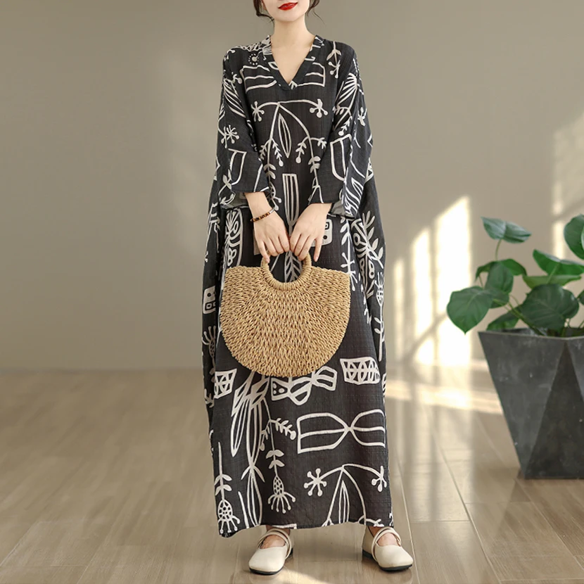 Printemps automne Floral Vaion Sle voyage V Ne rétro longue Dr viande dissimulant coton lin Dr grande taille minceur mince