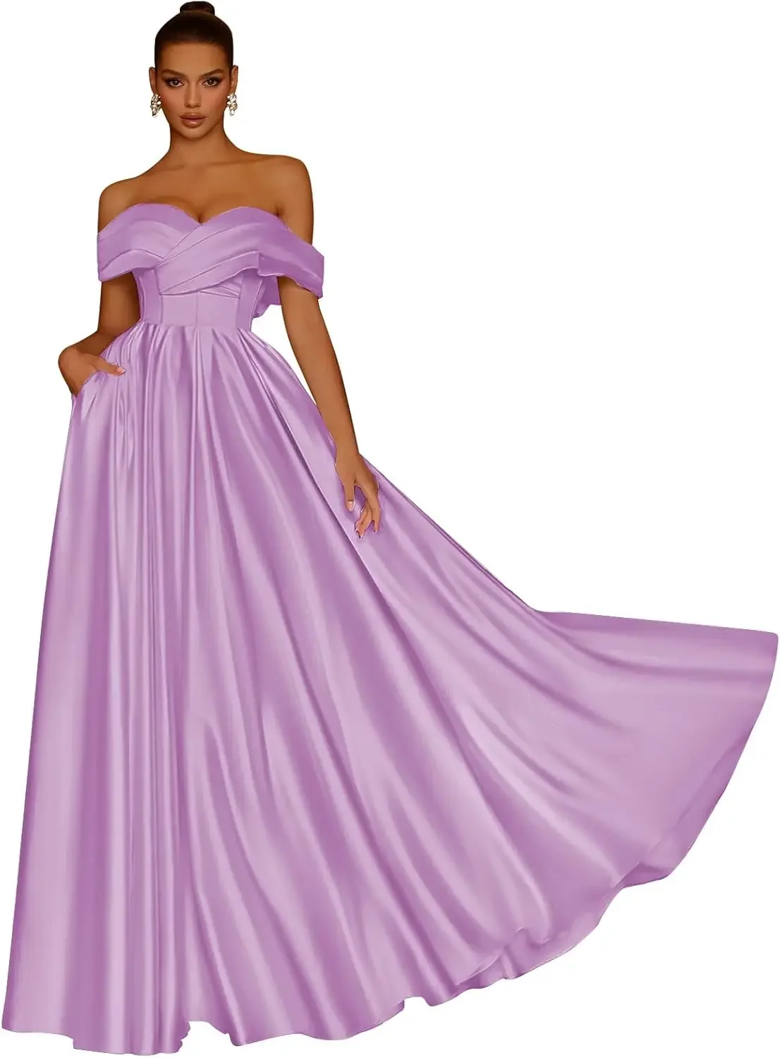 

Women's Off The Shoulder Satin Prom Dresses Long V Neck A Line Formal Evening Gowns with Pockets ball gown