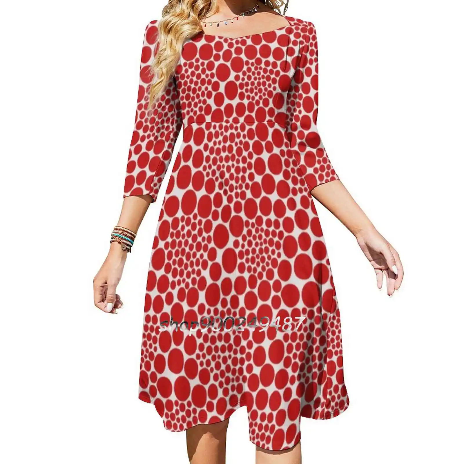 Yayoi Kusama Polka Dots Red Popular Square Neck Dress New Plus Size Elegant Women Waist Tight Dress Yayoi Kusama Kusama Japan