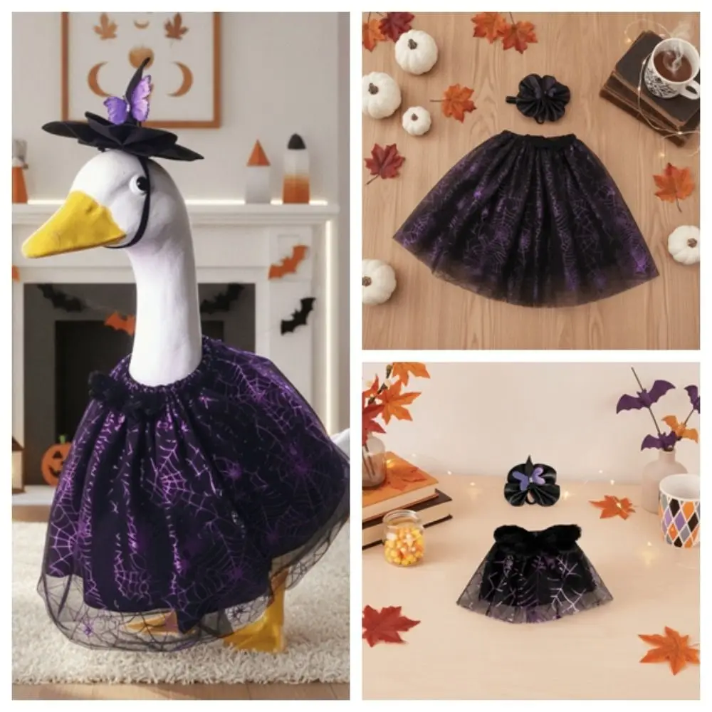 Spider Web Pattern Porch Geese Clothes Purple Black Mesh Witch Hat Included Lawn Goose Costume Two Sizes Available Lightweight