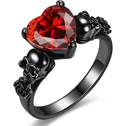 Gothic Skull Black Rose Flower Rings Women Purple Red Heart Zircon Crystal Valentine's Day Anniversary Engagement Jewelry