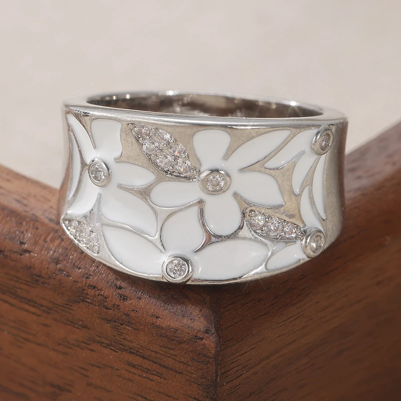 Exquisite White Enamel Flower Wide Ring For Women Handmade Fresh Forest Style Silver Color Ring Daily Fashion Jewelry