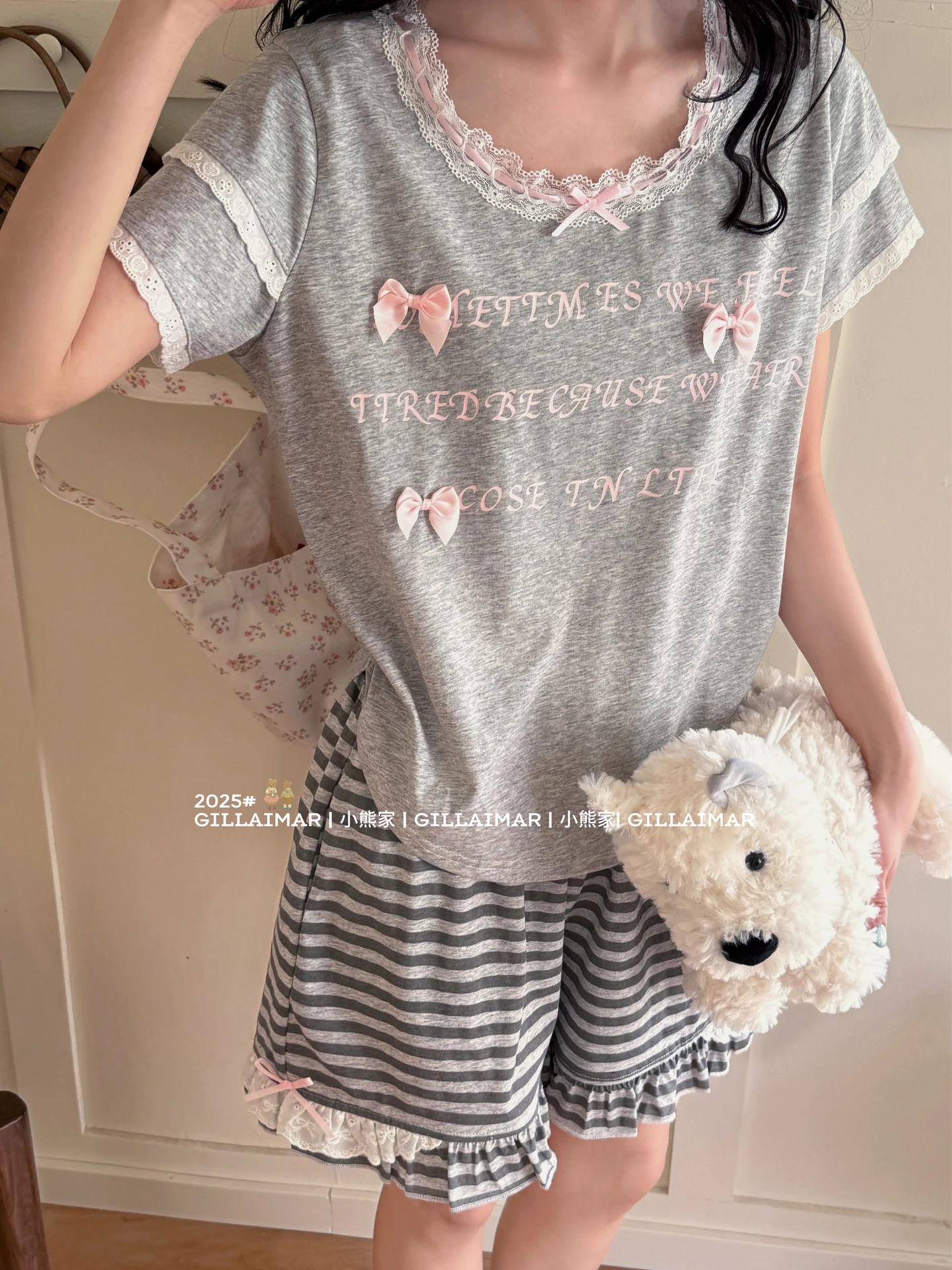 Summer new ins cute cat polka dot short-sleeved pajama set thin mercerized cotton loungewear set women