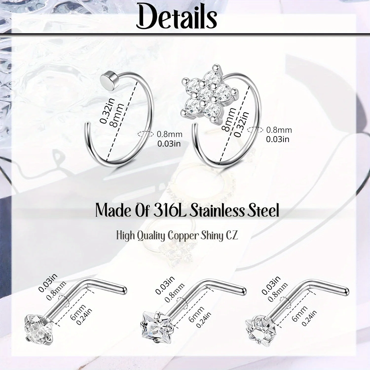 Drperfect 1Pc Surgical Steel Nose Ring Hoops Studs Heart Flower L Shaped Nose Piercing Jewelry