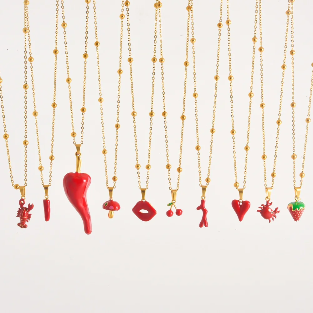 1 pieza de esmalte rojo encanto Chili grueso en forma de corazón fresa collar de acero inoxidable langosta Coral cangrejo personalidad collares regalo