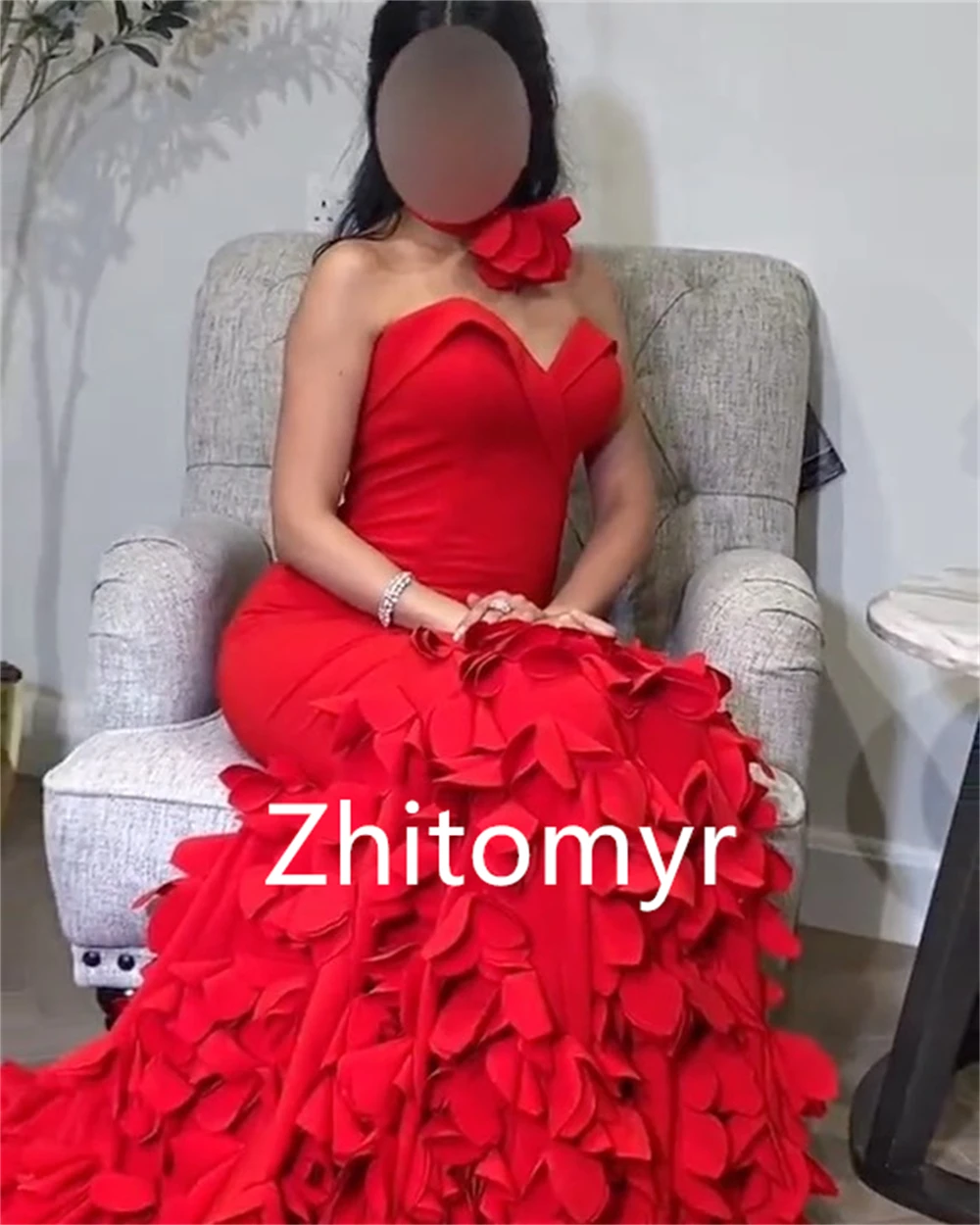 Sexy High Quality Strapless Mermaid Cocktail Dresses Hugging Flower Skirts Sweep/Brush Satin Prom Dresses robes de soirée