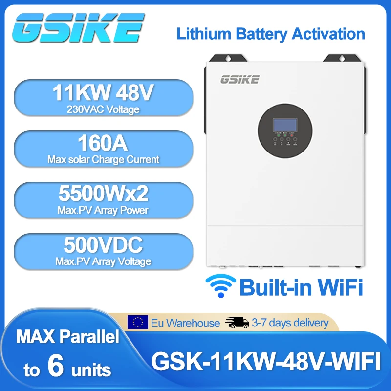 GSIKE 11KW 6.2kw 3.5kw 2.5KW 48V 12V Inverter Solare Ibrido a Onda Sinusoidale Pura con MPPT 160A-80A, Regolatore Solare con Doppia Uscita PV per Pannelli 500V con WIFI, Caricatore Solare MPPT, Doppio