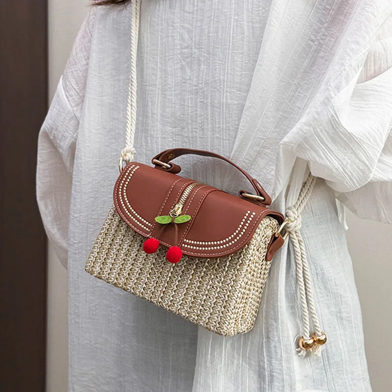 

Женские винтажные сумки, соломенная коробка контрастного цвета, сумка через плечо с нашивкой из искусственной кожи, вишневая сумка через плечо, большая вместительная женская сумка на плечо для отдыха