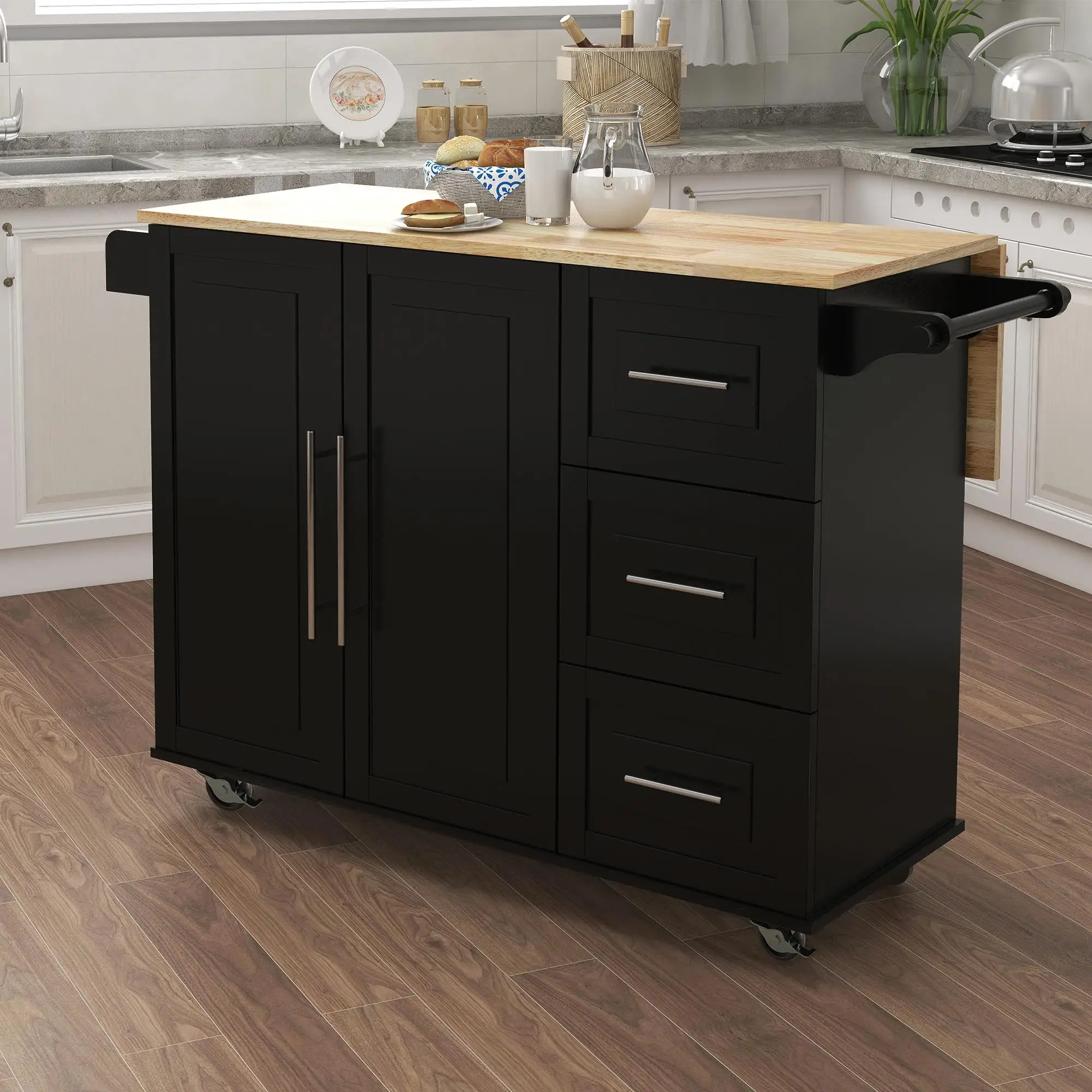 Black Kitchen Island with Spice Rack & Towel Holder, Extendable Solid Wood Tabletop - Perfect for Culinary Spaces