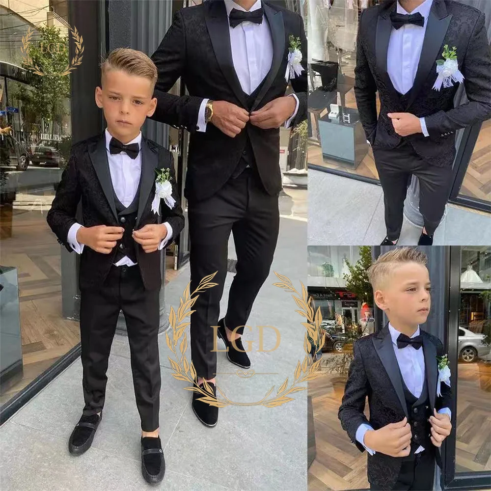 Navy pattern boy 3 piece formal suit dinner tuxedo little boy groomsmen wedding party prom jacket vest and black trousers