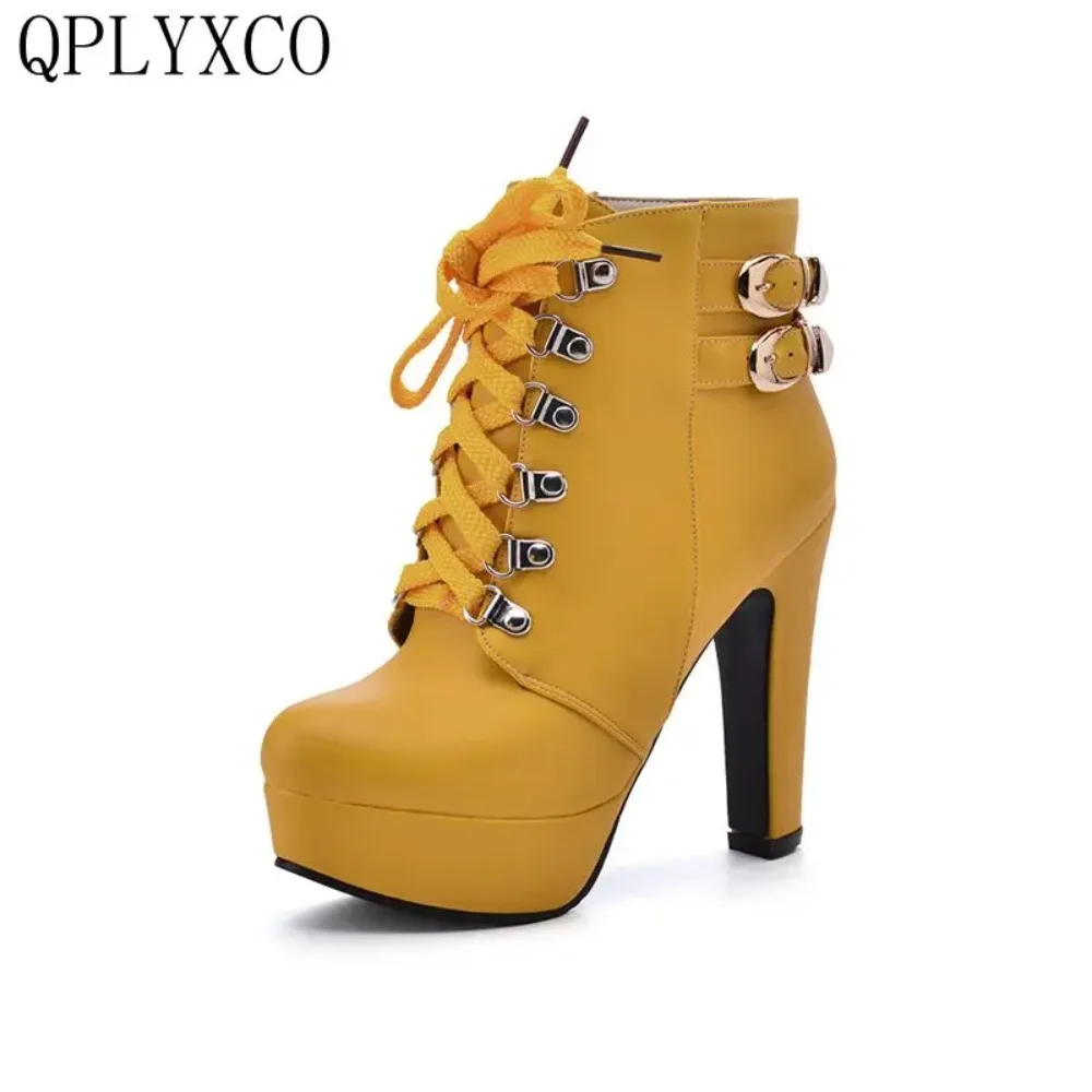 QPLYXCO Women\'s Ankle Boot Big Size 34-50 Lace-Up High Heels 12cm Platform Bootie for Autumn Winter Sexy Wedding Party 3872