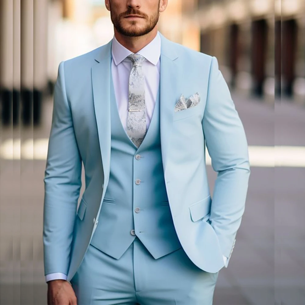 

Sky Blue Single Breasted Notch Lapel Male Clothing Slim Fit Elegant Wedding Outfits Bespoke 3 Piece Jacket Pants Vest Men Suits