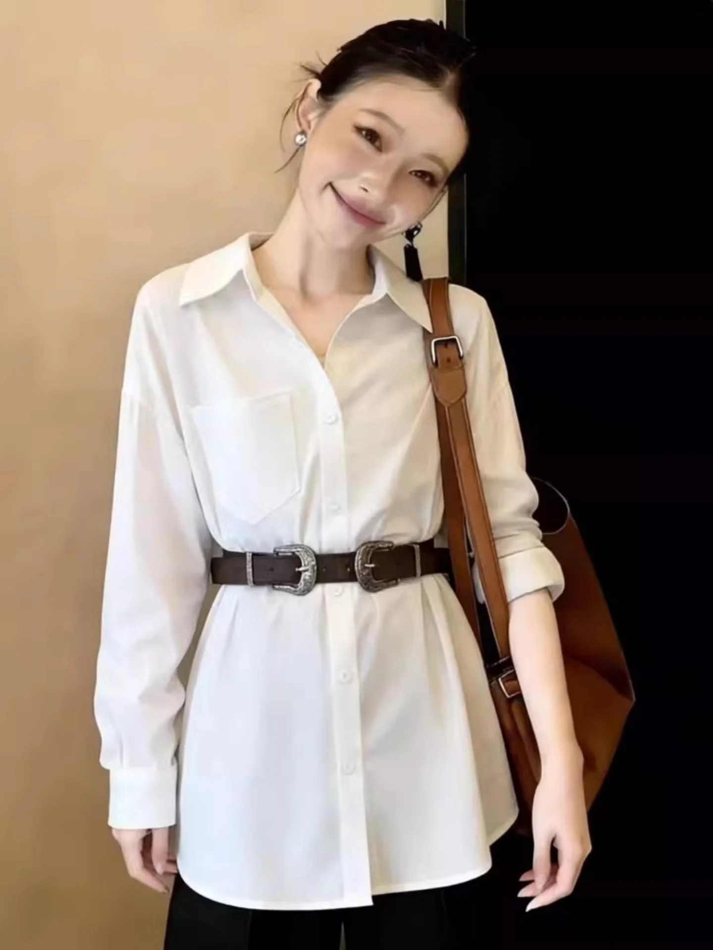 

Ele White Long Sve irt Women's plus Size with Belt Waist Cinched Mid-Length Top Korean Sle Commute Faion