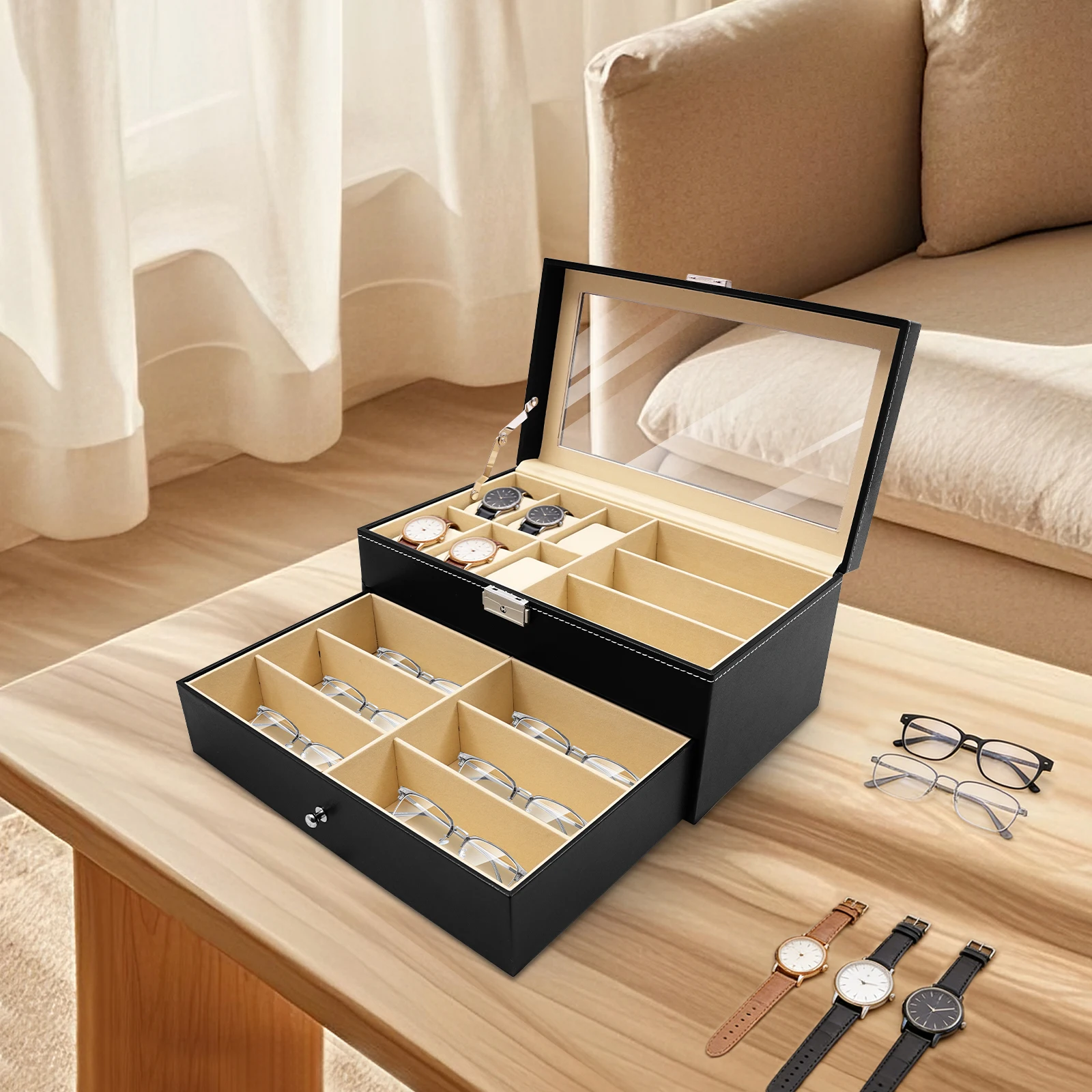 

2-Tier Watches&Glasses Display Box,6 Compartments Watch Box+9 Compartments Eyeglasses Organizer Desktop Storage Case w/Glass Lid