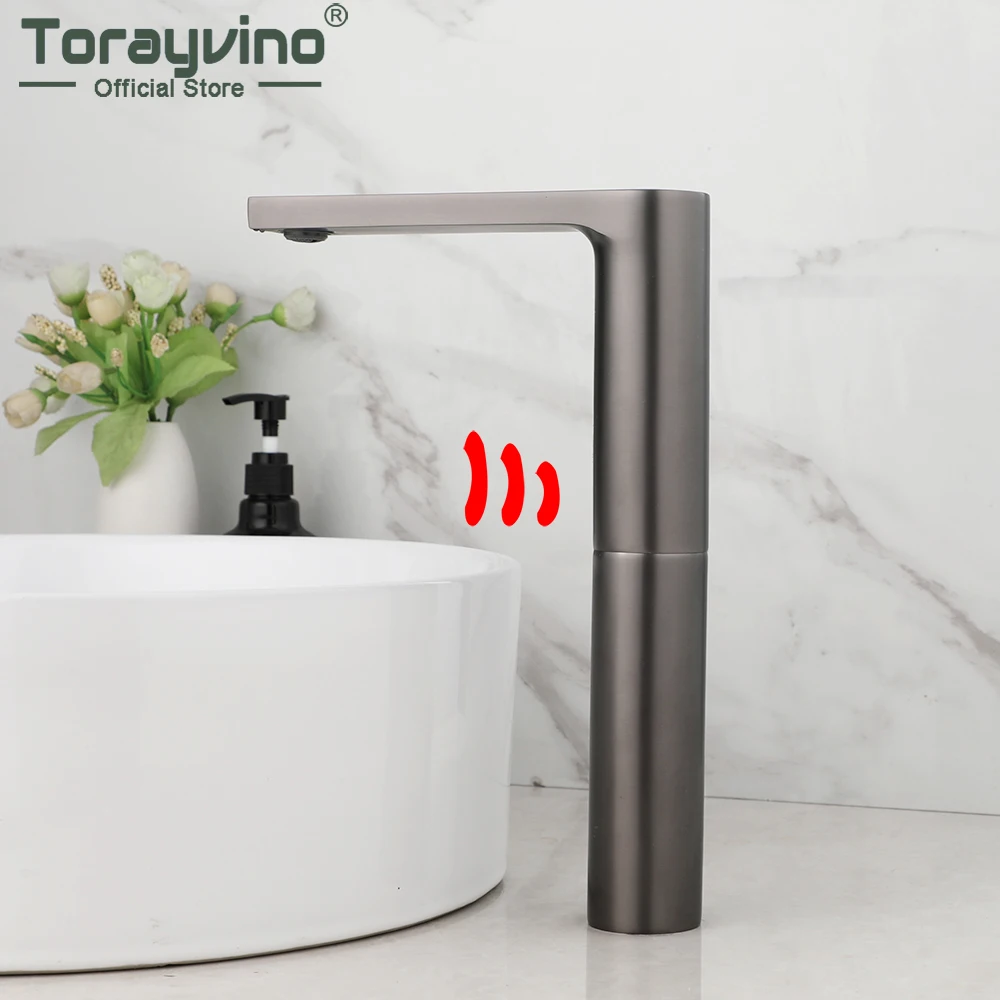 

Torayvino Gun Grey Bathroom Sensor Faucet Washbaisn Spray Water Tap Waterfall Basin Sink Taps Deck Mounted Mixer Faucets