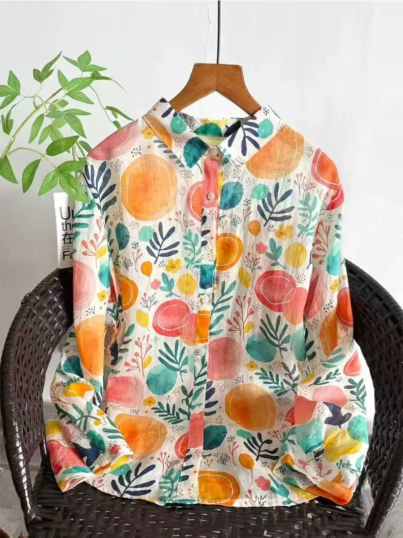 

Винтажная одежда 2026: оригинальные брендовые рубашки и блузки с мультяшным фруктовым принтом, длинный рукав, 100% лен-рами, женские топы