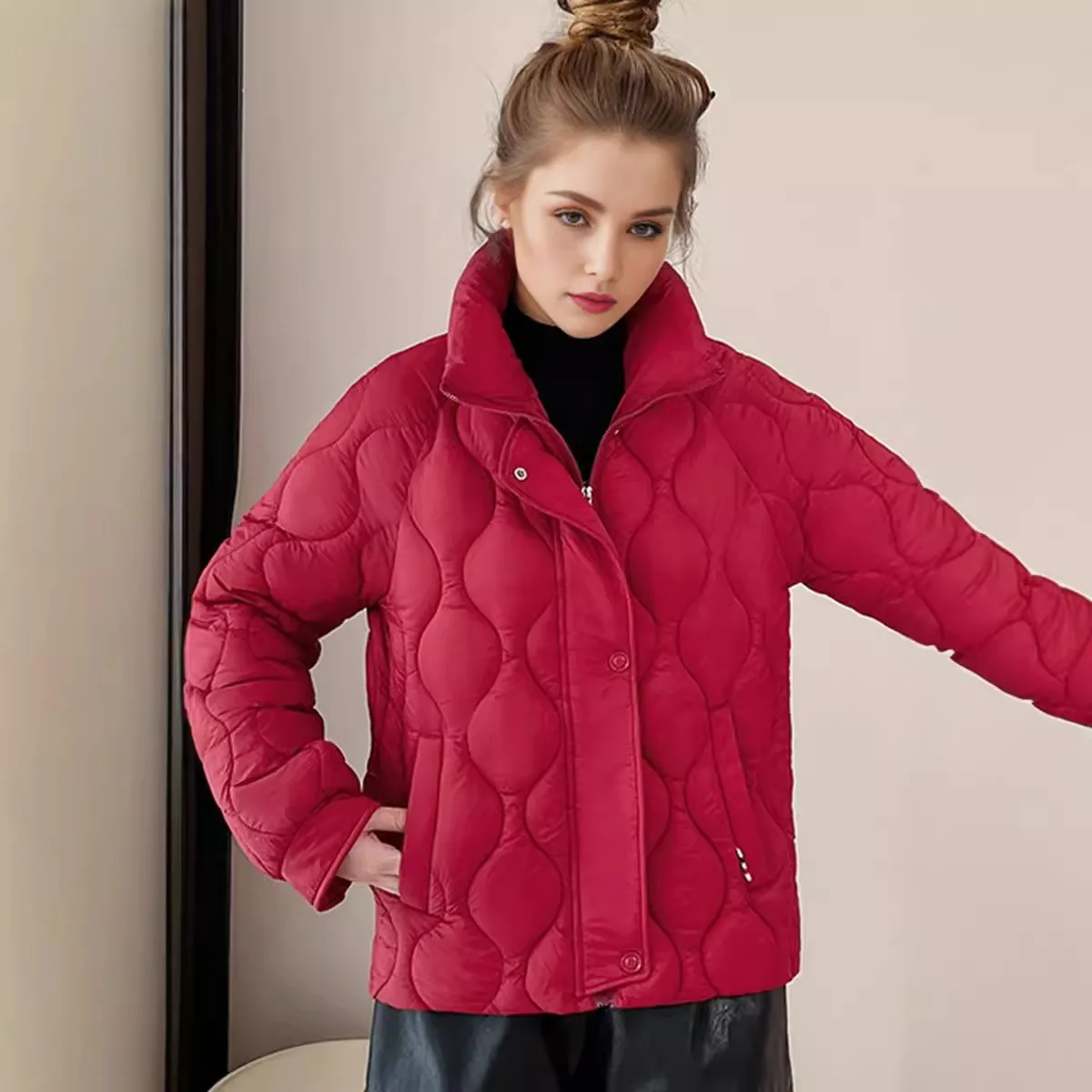 Women\'s Winter Jacket 2024 Female Stand Collar Pure Color Cotton Jacket Women Pure Color Casual Rhombus Demi-season Jackets