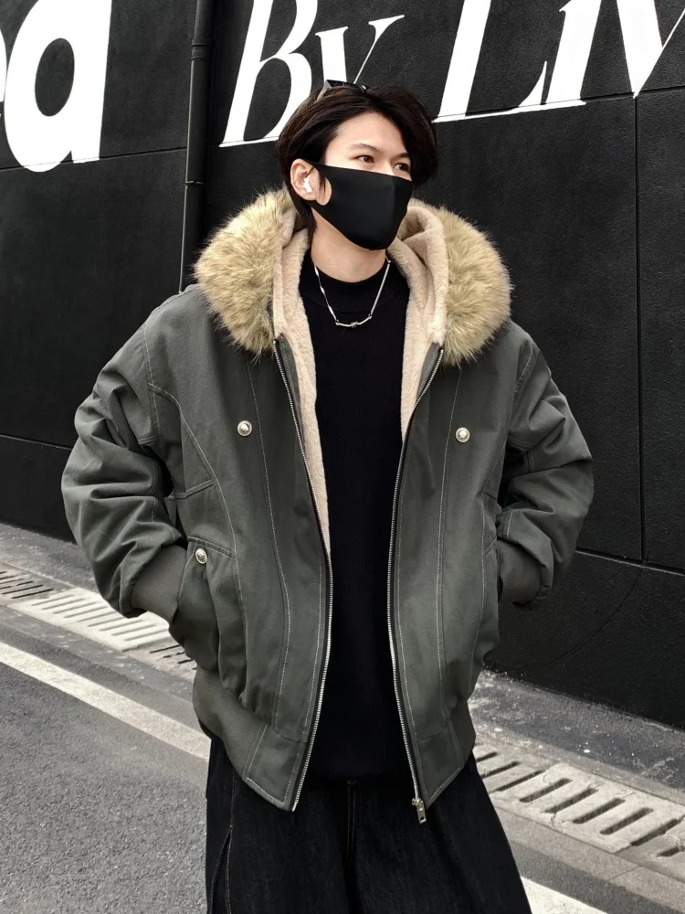 

Men's Thiened Lamb Fur Collar Cotton Jaet Winter Warm Hooded Zipper Closure American Sle Cleanfit Cotton Coat