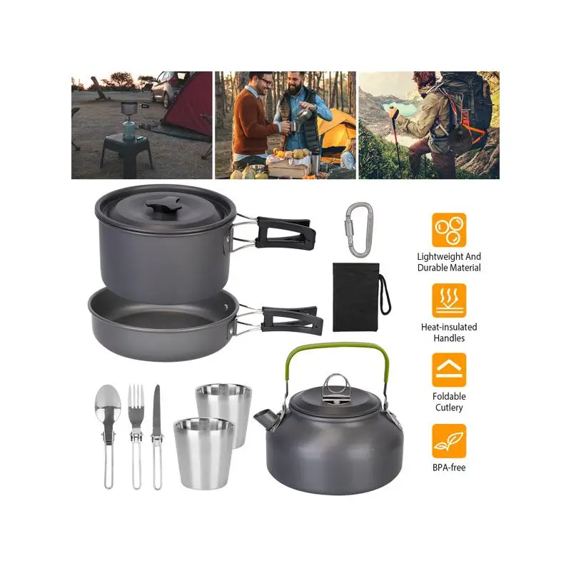 

12Pcs Camping Cook Set Aluminum Pot Pan Kit for Hiking Picnic Outdoor with Cup Fork Spoon Knife