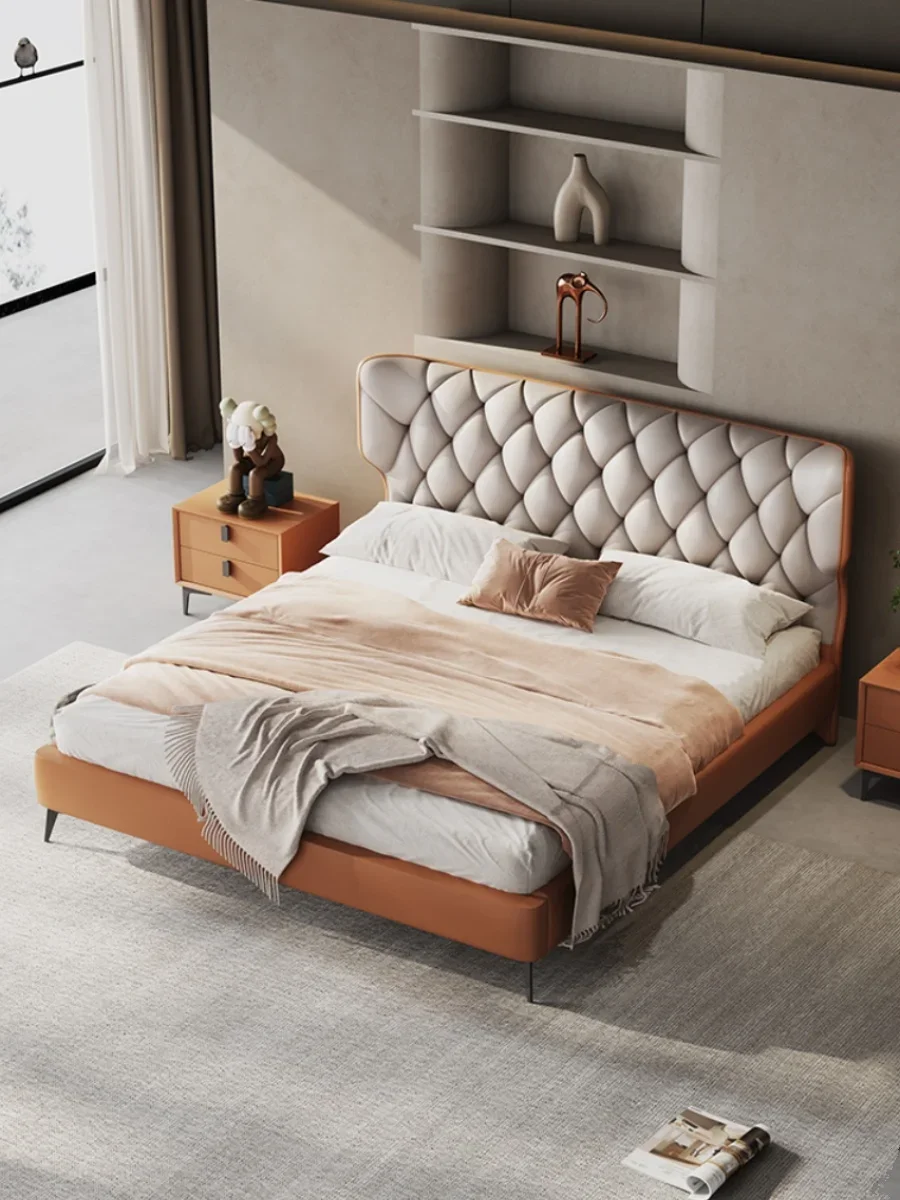 

Leather bed Italian minimalist modern simple light luxury thin bedside zipper design master bedroom double wedding bed