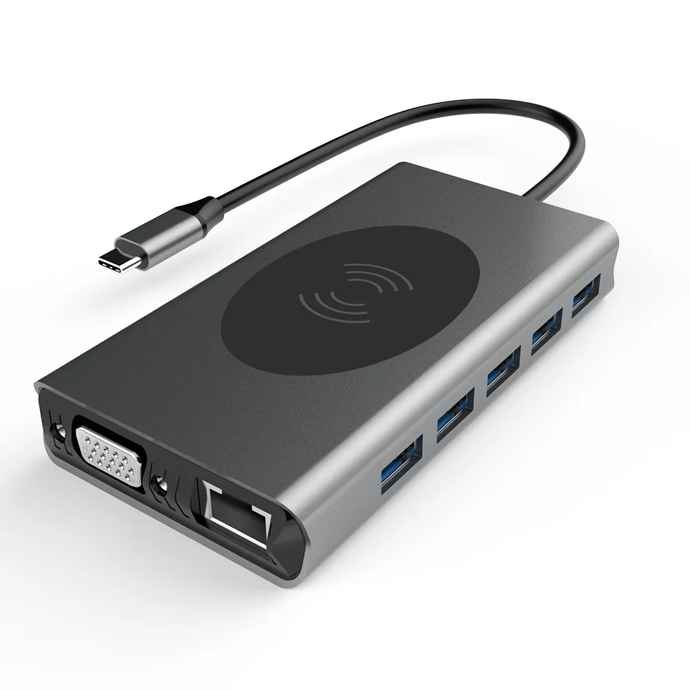 USB C Hub 14 in 1 Type-C to HDMI VGA SD/TF RJ45 PD 4K1080P USB3.0 3.5mm Audio Wireless Charge Docking Station for Laptop Macbook