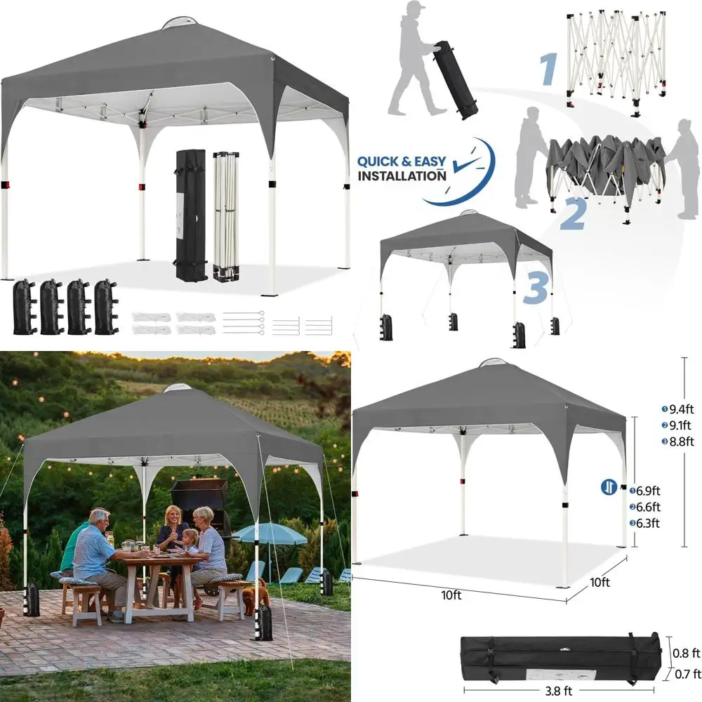

Instant 10x10 Easy Setup Pop Up Canopy Tent with Ventilation, Wheeled Bag, 4 Sandbags, 12 Stakes for Outdoor Sun Shelter