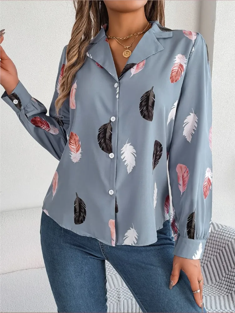 Autumn Women's Blouses Fashion Feather Print Long-sleeve White Shirt Office Lady Casual Top Elegant Streetwear Female Clothing