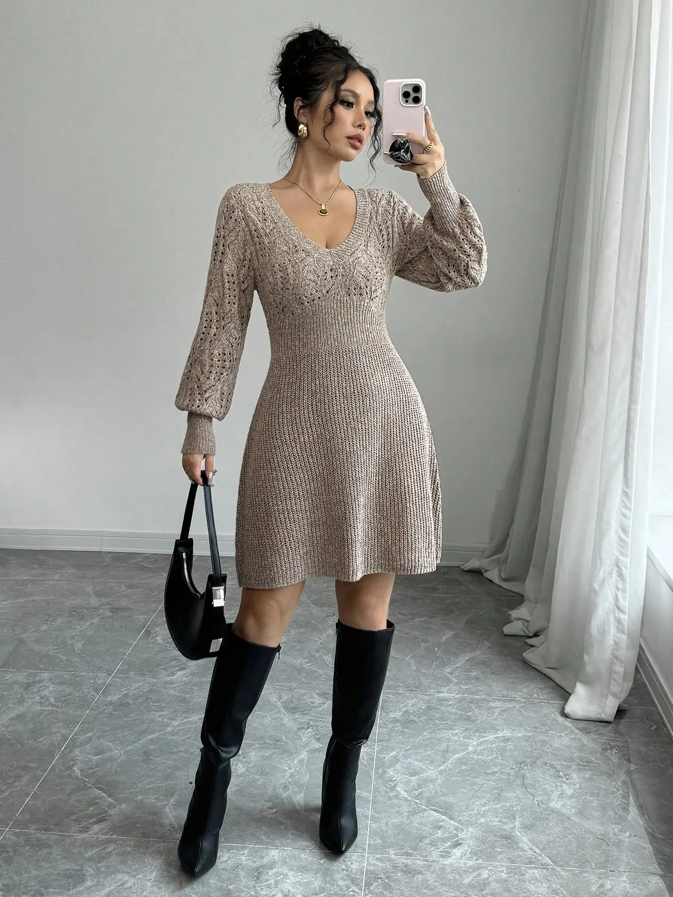 Vestido feminino outono/inverno de malha manga comprida com decote em coração curto suéter, cor sólida feminina V