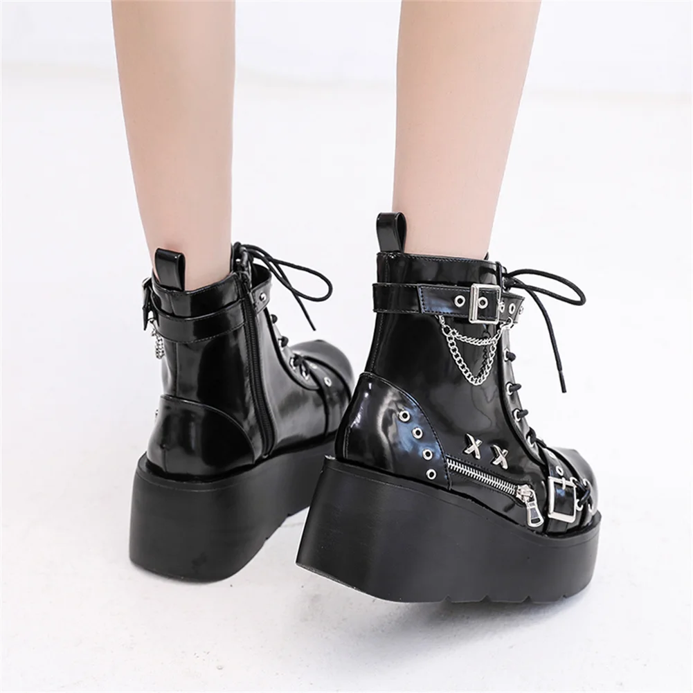 Brand New Ladies Goth Platform Ankle Boots Fashion Buckle Zip Rivet Punk Wedges High Heels Womens Boots Party Street Woman Shoes view 3