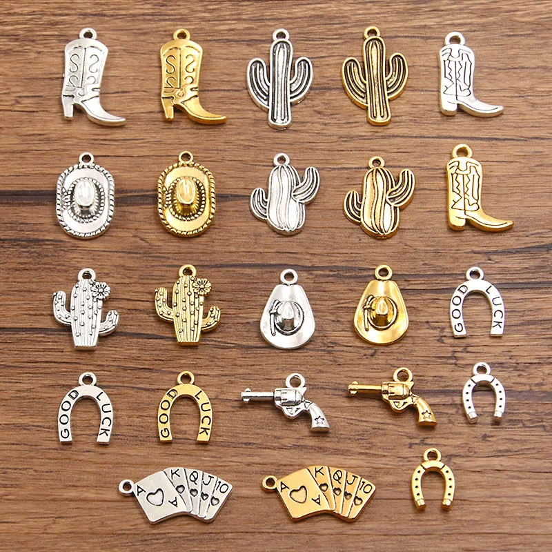 20Pcs Mix Style Zinc Alloy Cowboy Pendant Cactus Boots Hat Gun Horse's Hoof Charm Jewelry Making DIY Handmade Craft