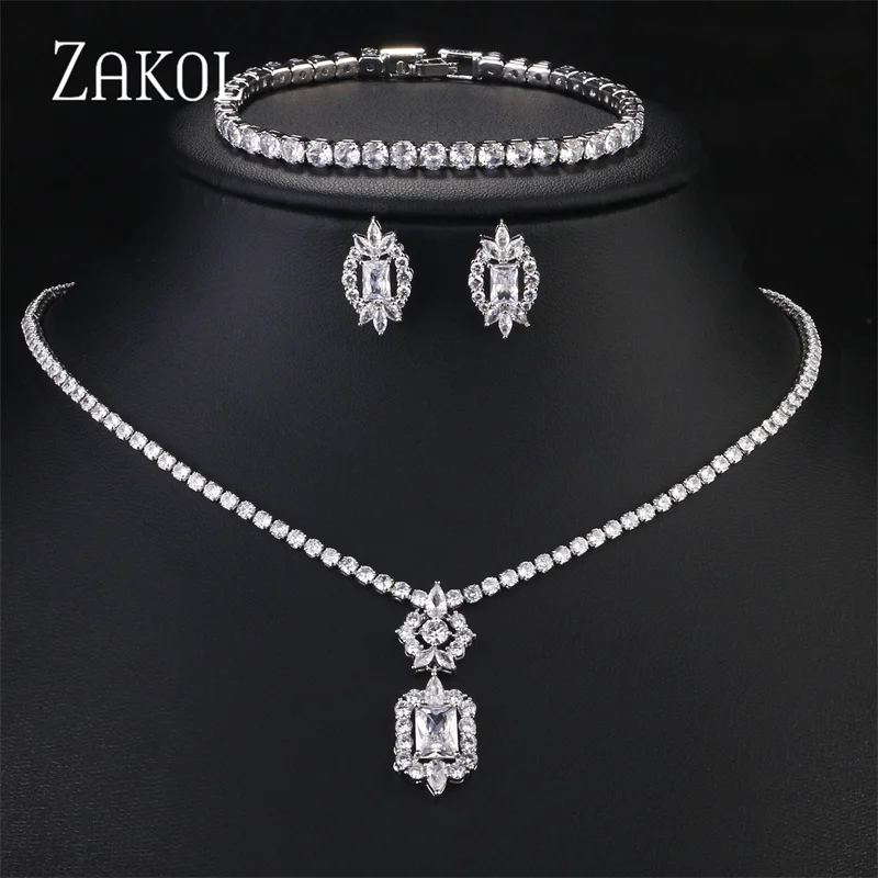 ZAKOL Sparking Cubic Zircon Earrings Necklace Bracelet Set for Women Bridal Wedding Dress Dinner Jewelry Set SP462