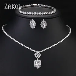 ZAKOL Sparking Cubic Zircon Earrings Necklace Bracelet Set for Women Bridal Wedding Dress Dinner Jewelry Set SP462