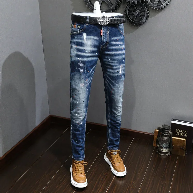 

Fashion Designer Men Jeans Retro Blue Stretch Slim Fit Painted Ripped Jeans Men Korean Style Vintage Casual Denim Pants Hombre