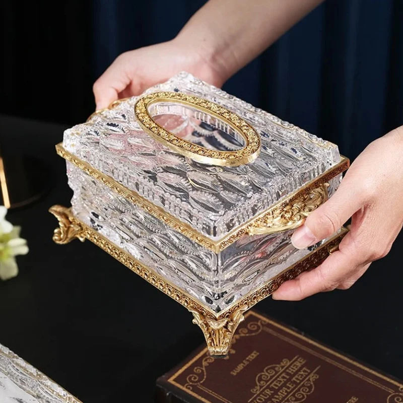 Brass Crystal Glass Tissue Box - Elegant Desktop Napkin Holder & Storage - Ideal Tissue Organizer