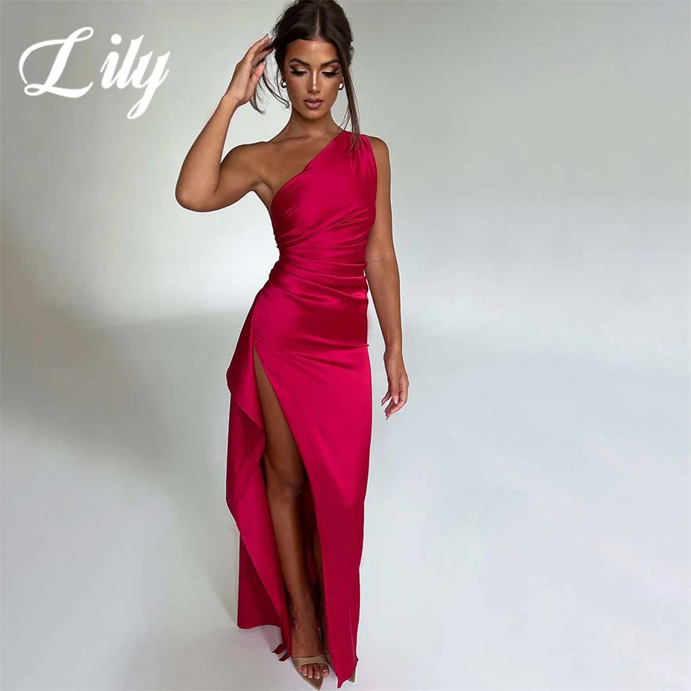 

Lily Red Prom Dresses One Shoulder Evening Dress with Pleats Satin Sleeveless Party Dress Sexy Side Slit A-Line Robe De Soirée