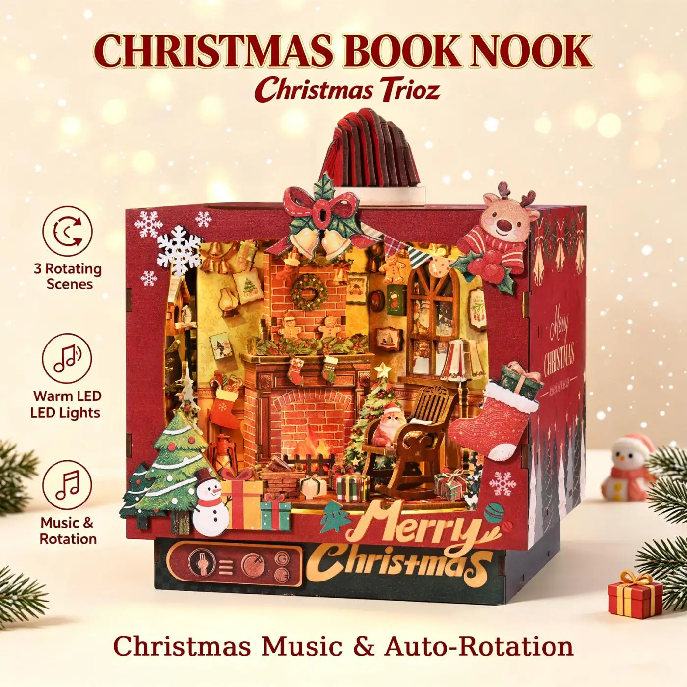 Christmas DIY Book Nook 3D Wooden Puzzle Insert with LED Warm Light Auto Rotation Music Scene Handmade Model Christmas Gifts