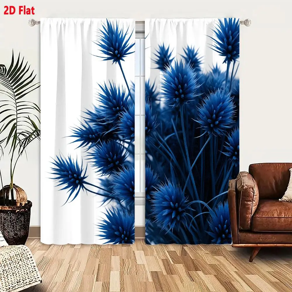 2Pcs Curtains 2D Flat Blue Spiky Thistle-like Floral Arrangement On White Background Window Drapes for Bedroom Room Decor Decora