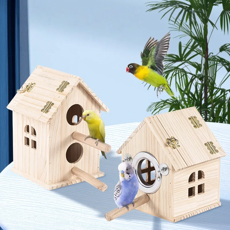 

Pet Bird House Chinese-style Solid Wood Parrot Apartment with Natural Wooden for Budgies Cockatiels Lovebirds Breeding & Resting