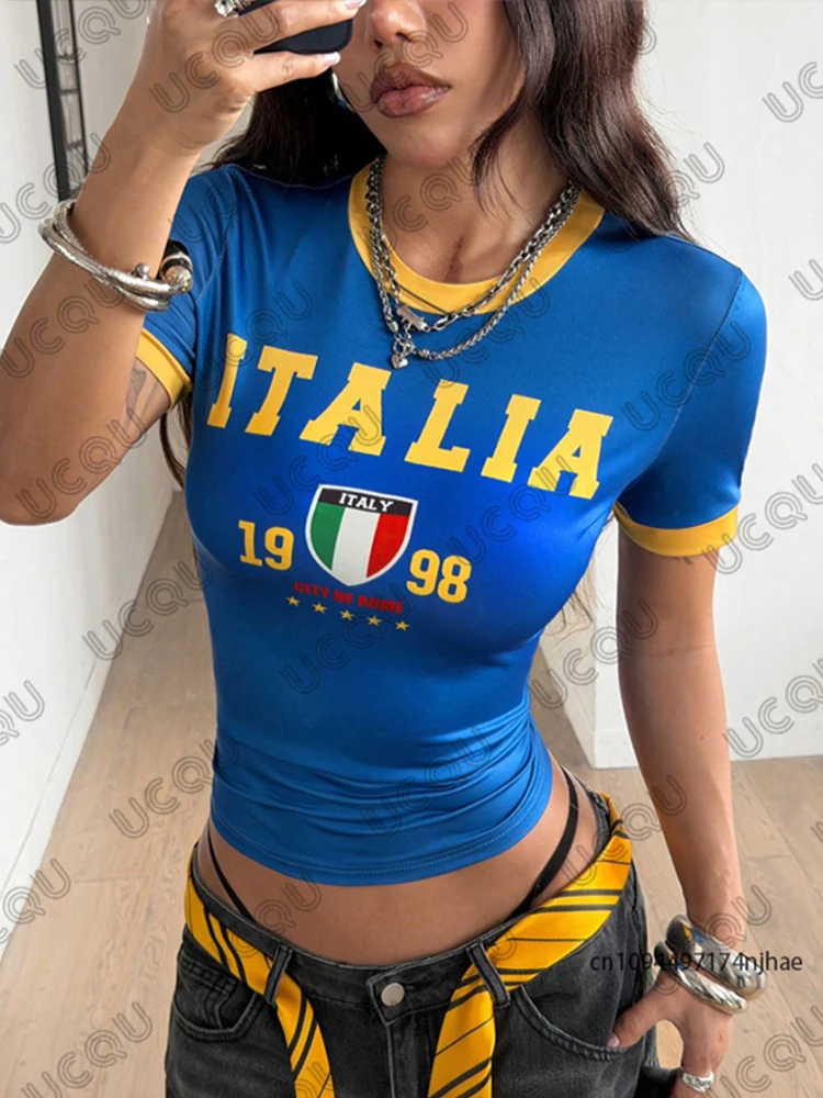 Image of Sommerliches neues T-Shirt mit italienischem Print für Damen, Gothic-Ästhetik, 90er-Jahre-Stil, kurzärmeliges Crop-Top, Streetwear, Sport-T-Shirts, Vintage-Y2K-Tops
