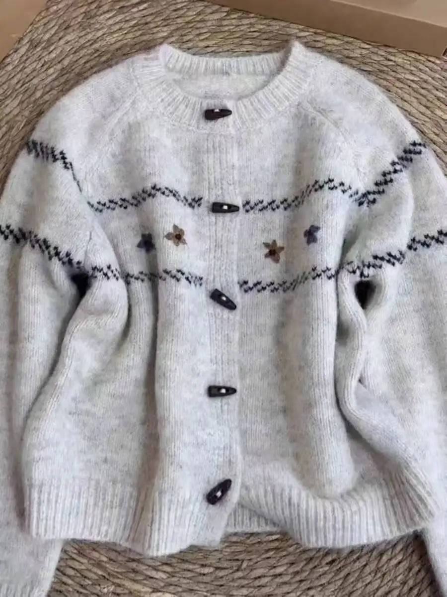 

Korean Sle Soft Cozy Button-Up Knitwear Women's Spring Faion New Retro Embroidery Design Knitted Open Cardigan Trend