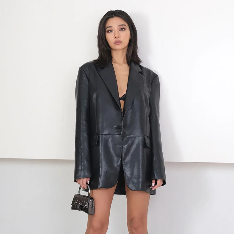 

2023 Genuine Leather Oversize Coat Woman Spring New Black Loose Single Button Locomotive Sheepskin Suit Jacket High Street