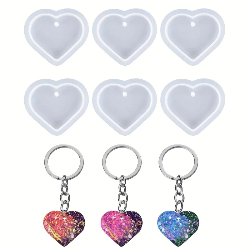 6Heart-shaped resin mold set, heart-shaped keychain silicone mold, cute heart-shaped mold with holes for useDIYCrafting of Jewel