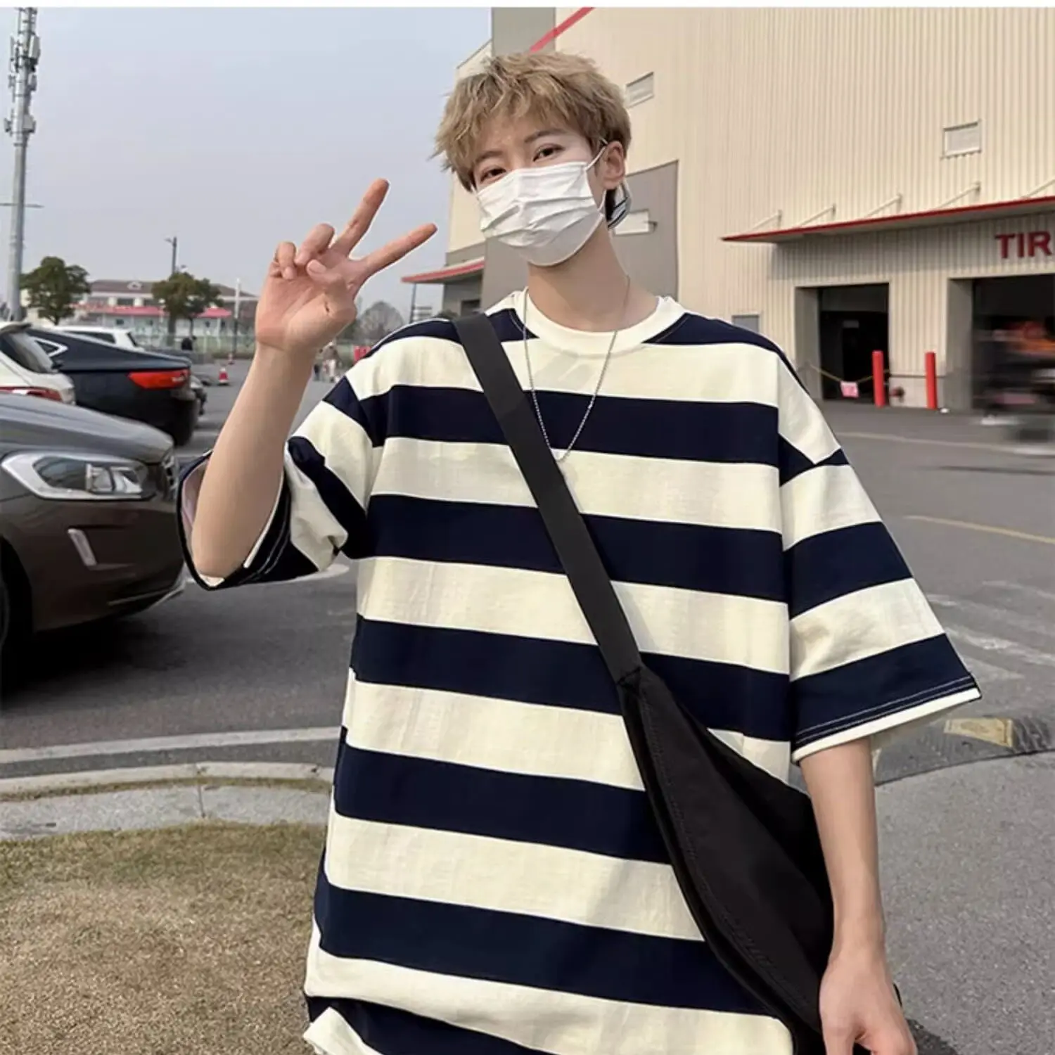 New Loose Contrast Color Short Sleeve Main Striped T-shirts Summer Oversized T-Shirt Japan Hip Hop Loose Half Sleeve T Shirts