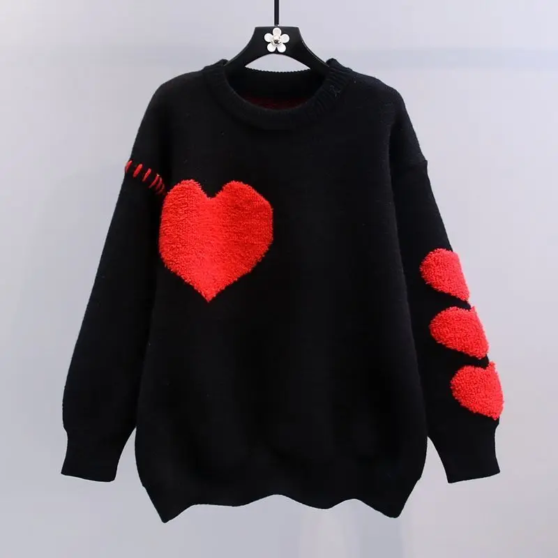 Autunno maglione lavorato a maglia maglione donna ricamo cuore rosso o-collo top stile semplice Slim Harajuku Pullover maglione donna y2k vestiti